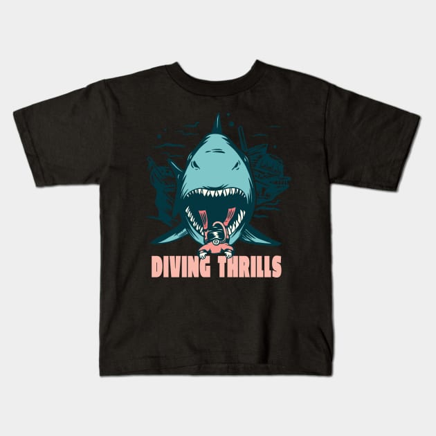 Diving Thrills and Shark I Deep Diving I Heliox Scuba Diving Kids T-Shirt by schmomsen